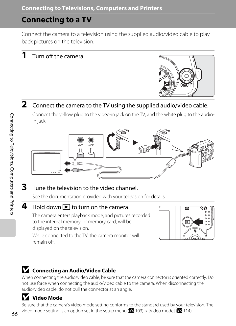 Connecting to televisions, computers and printers, Connecting to a tv | Nikon Coolpix P50 User Manual | Page 78 / 152