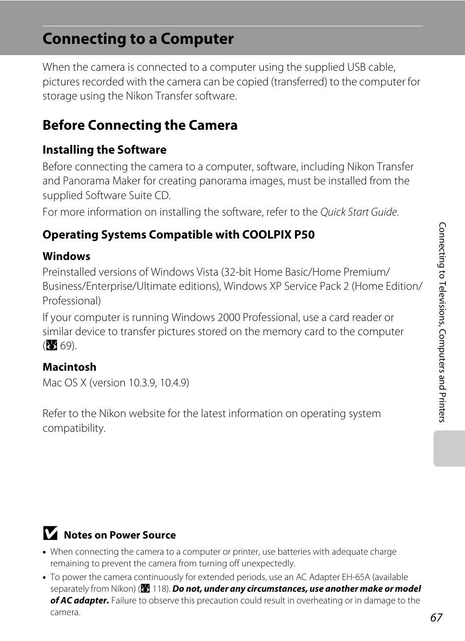 Connecting to a computer, Before connecting the camera, A 67) | Installing the software, Operating systems compatible with coolpix p50 | Nikon Coolpix P50 User Manual | Page 79 / 152