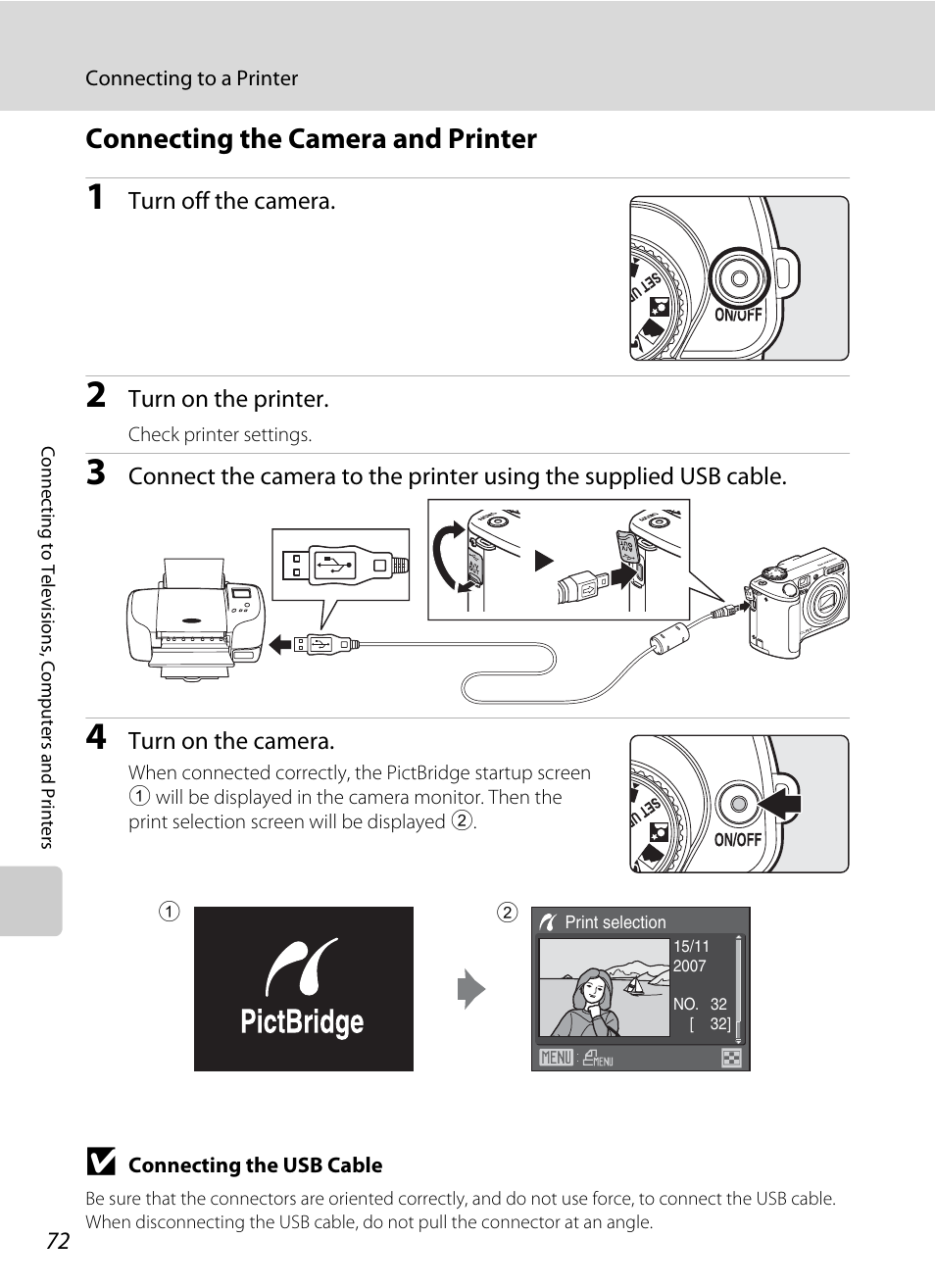 Connecting the camera and printer, A 72) | Nikon Coolpix P50 User Manual | Page 84 / 152