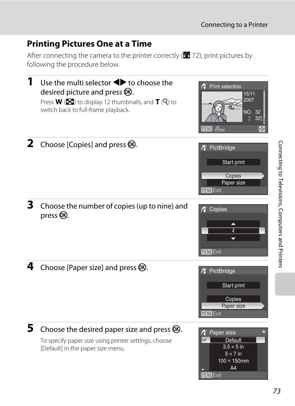 Printing pictures one at a time, A 73), Choose [copies] and press k | Choose [paper size] and press k, Choose the desired paper size and press k | Nikon Coolpix P50 User Manual | Page 85 / 152