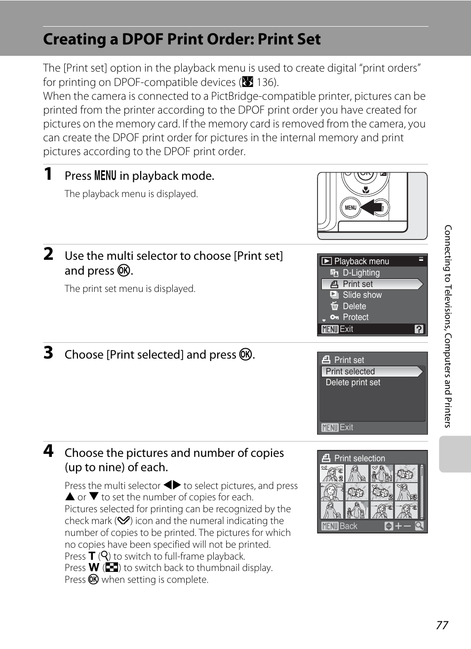 Creating a dpof print order: print set, A 77), Press d in playback mode | Choose [print selected] and press k | Nikon Coolpix P50 User Manual | Page 89 / 152