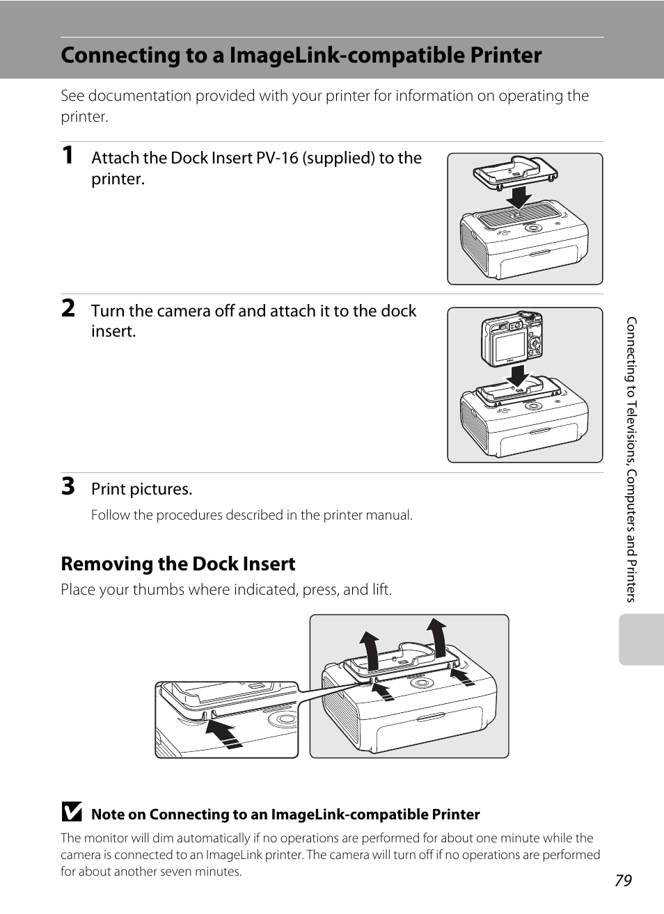 Connecting to a imagelink-compatible printer, Removing the dock insert, E “connecting to a imagelink-compatible printer | A 79) and | Nikon Coolpix P50 User Manual | Page 91 / 152