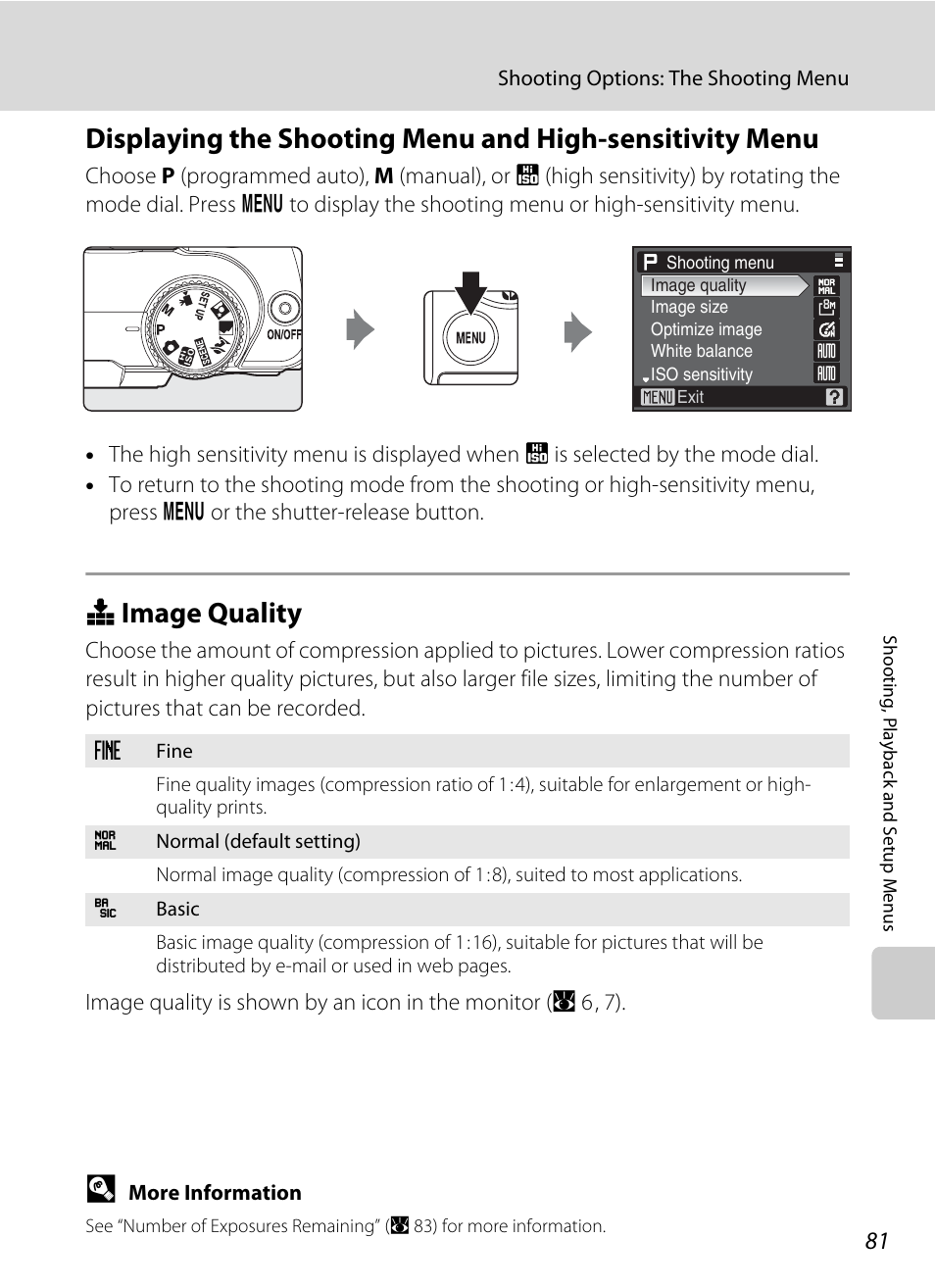 Image quality, A 81) and image size, A 81) | A 81, Q image quality | Nikon Coolpix P50 User Manual | Page 93 / 152