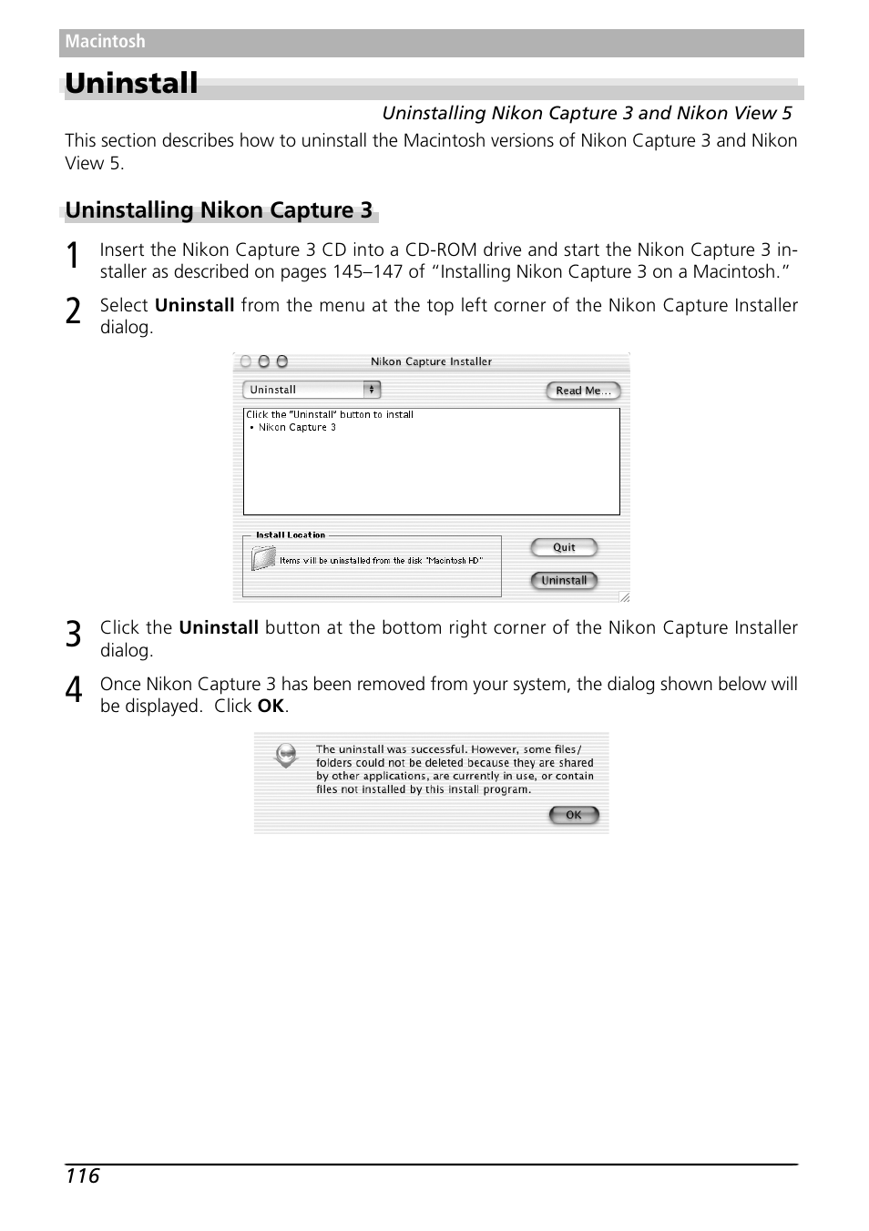 Uninstall, Uninstalling nikon capture 3 | Nikon Capture 3 User Manual | Page 118 / 119