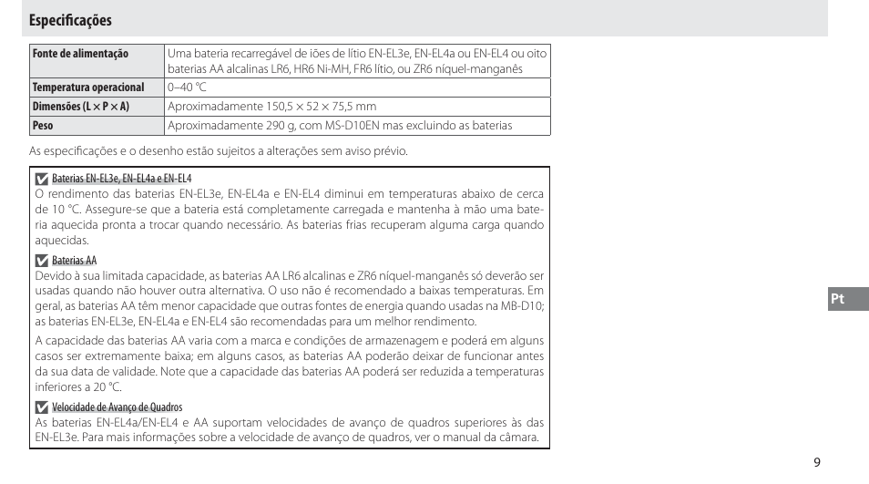 Especificações, Especiﬁ cações | Nikon MB-D10 User Manual | Page 100 / 150