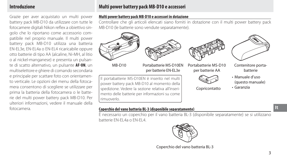 Introduzione, Multi power battery pack mb-d10 e accessori | Nikon MB-D10 User Manual | Page 103 / 150