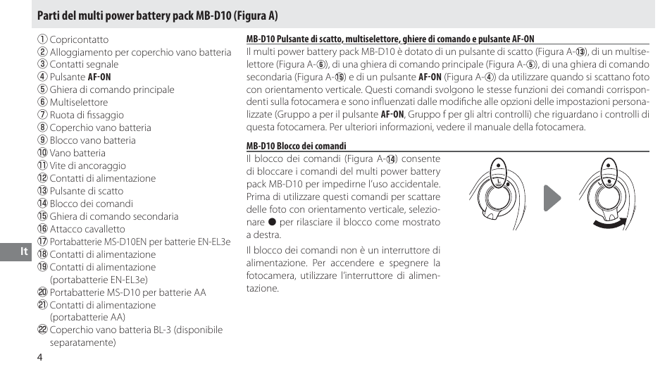 Parti del multi power battery pack mb-d10, Mb-d10 blocco dei comandi | Nikon MB-D10 User Manual | Page 104 / 150
