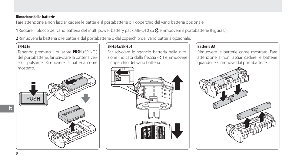 Rimozione delle batterie | Nikon MB-D10 User Manual | Page 108 / 150