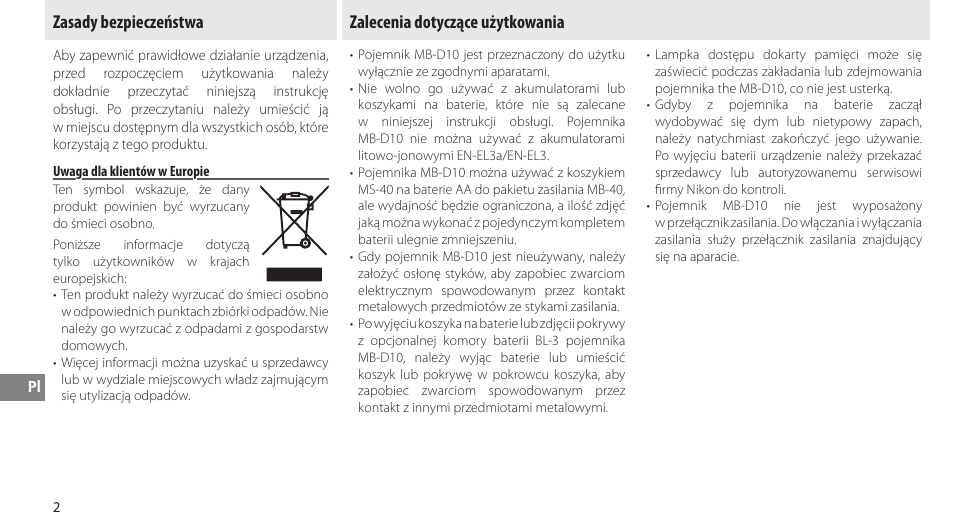 Zasady bezpieczeństwa, Uwaga dla klientów w europie, Zalecenia dotyczące użytkowania | Nikon MB-D10 User Manual | Page 111 / 150