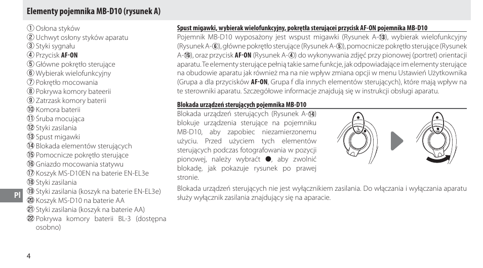 Elementy pojemnika mb-d10, Blokada urządzeń sterujących pojemnika mb-d10, Elementy pojemnika mb-d10 (rysunek a) | Nikon MB-D10 User Manual | Page 113 / 150