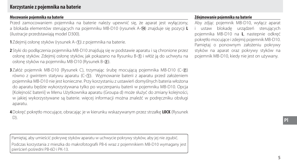 Korzystanie z pojemnika na baterie, Mocowanie pojemnika na baterie, Zdejmowanie pojemnika na baterie | Nikon MB-D10 User Manual | Page 114 / 150