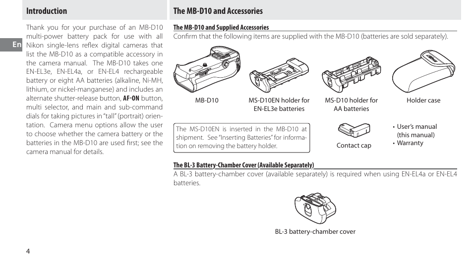 Introduction, The mb-d10 and accessories, The mb-d10 and supplied accessories | Introduction the mb-d10 and accessories | Nikon MB-D10 User Manual | Page 20 / 150