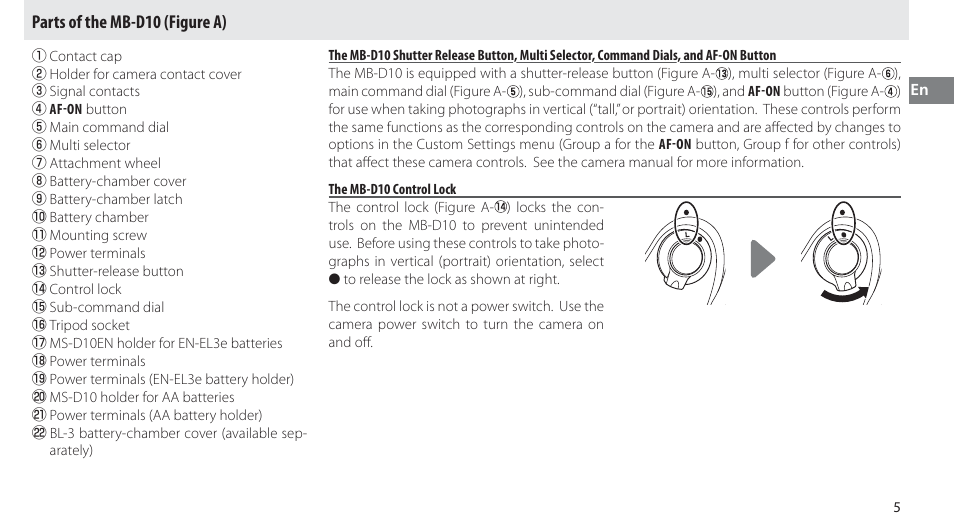 Parts of the mb-d10, The mb-d10 control lock, Parts of the mb-d10 (figure a) | Nikon MB-D10 User Manual | Page 21 / 150