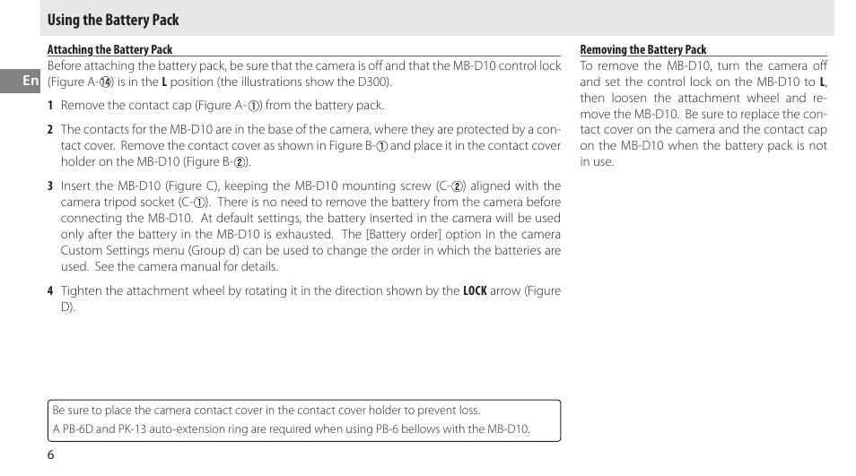 Using the battery pack, Attaching the battery pack, Removing the battery pack | Nikon MB-D10 User Manual | Page 22 / 150