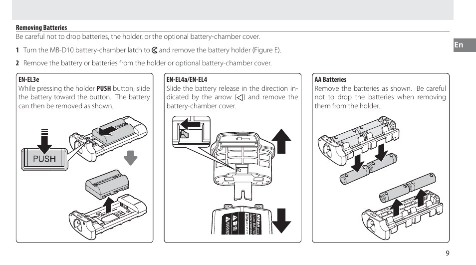 Removing batteries | Nikon MB-D10 User Manual | Page 25 / 150