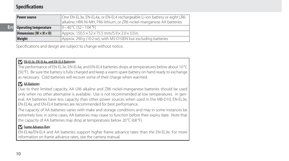 Specifications, Speciﬁ cations | Nikon MB-D10 User Manual | Page 26 / 150