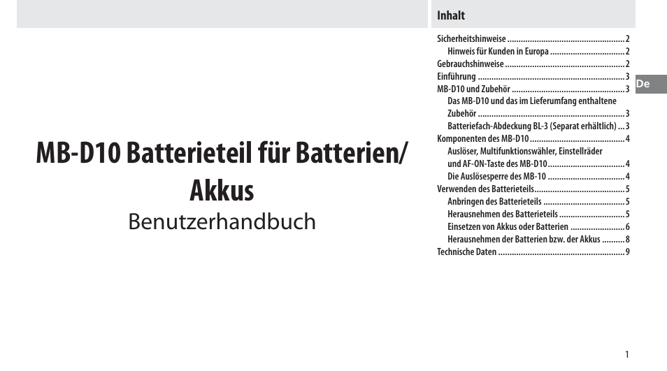 Inhalt, Mb-d10 batterieteil für batterien/ akkus, Benutzerhandbuch | Nikon MB-D10 User Manual | Page 27 / 150