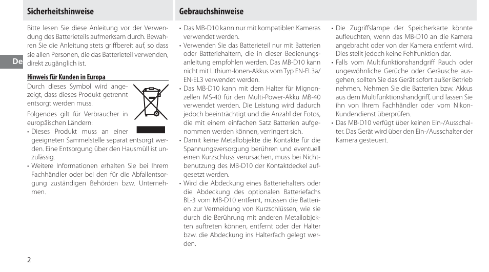 Sicherheitshinweise, Hinweis für kunden in europa, Gebrauchshinweise | Nikon MB-D10 User Manual | Page 28 / 150