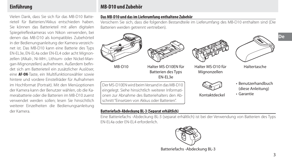 Einführung, Mb-d10 und zubehör, Batteriefach-abdeckung bl-3 (separat erhältlich) | Nikon MB-D10 User Manual | Page 29 / 150