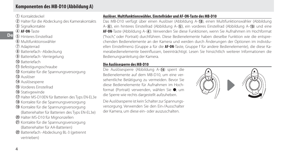 Komponenten des mb-d10, Die auslösesperre des mb-d10, Komponenten des mb-d10 (abbildung a) | Nikon MB-D10 User Manual | Page 30 / 150