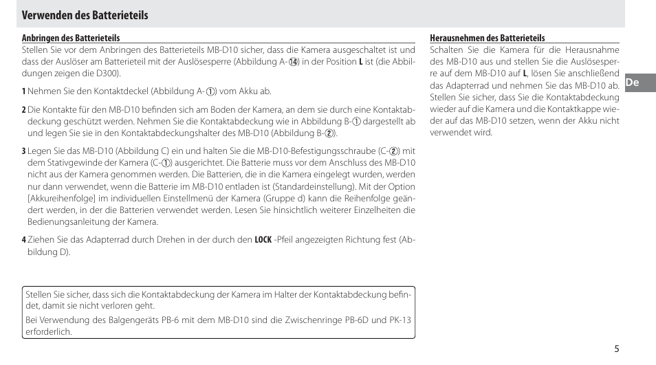 Verwenden des batterieteils, Anbringen des batterieteils, Herausnehmen des batterieteils | Nikon MB-D10 User Manual | Page 31 / 150