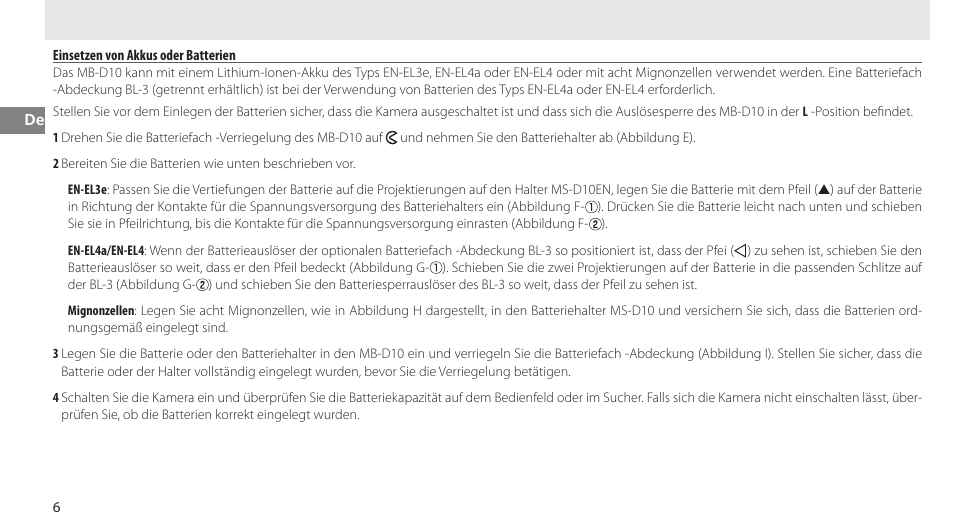 Einsetzen von akkus oder batterien | Nikon MB-D10 User Manual | Page 32 / 150