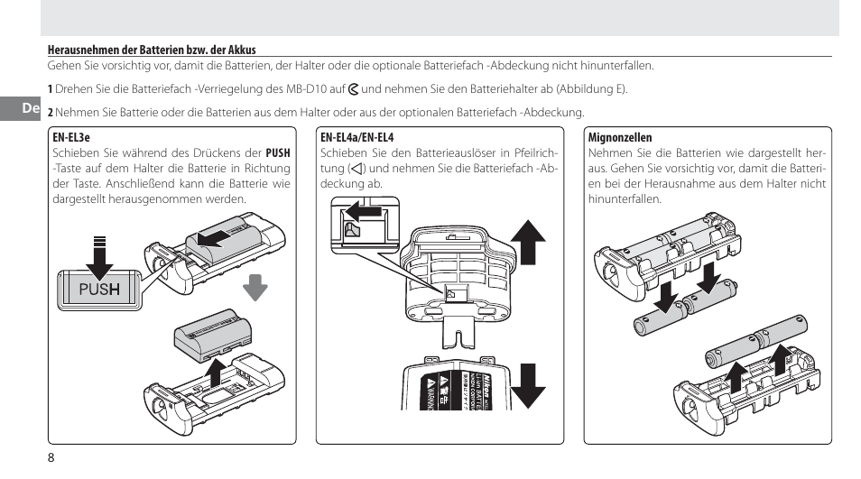 Herausnehmen der batterien bzw. der akkus | Nikon MB-D10 User Manual | Page 34 / 150