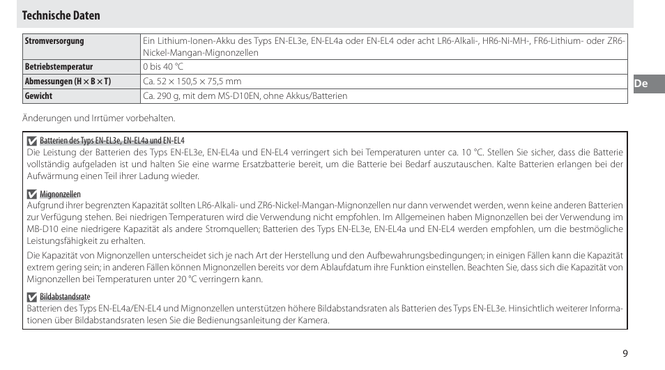 Technische daten | Nikon MB-D10 User Manual | Page 35 / 150