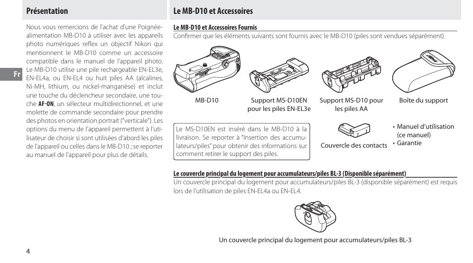 Présentation, Le mb-d10 et accessoires, Le mb-d10 et accessoires fournis | Nikon MB-D10 User Manual | Page 39 / 150