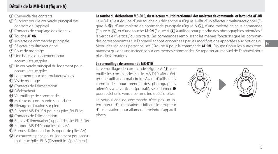 Détails de la mb-d10, Le verrouillage de commande mb-d10, Détails de la mb-d10 (ﬁ gure a) | Nikon MB-D10 User Manual | Page 40 / 150