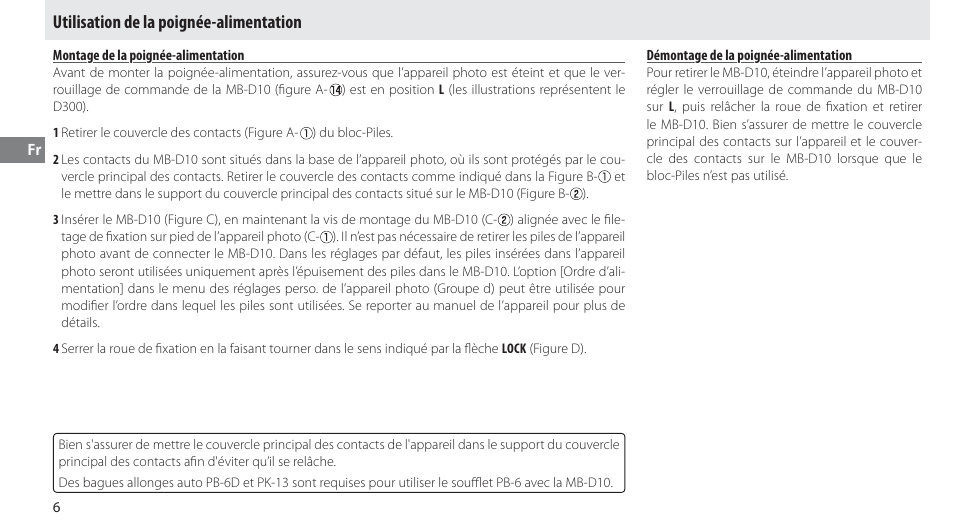 Utilisation de la poignée-alimentation, Montage de la poignée-alimentation, Démontage de la poignée-alimentation | Nikon MB-D10 User Manual | Page 41 / 150