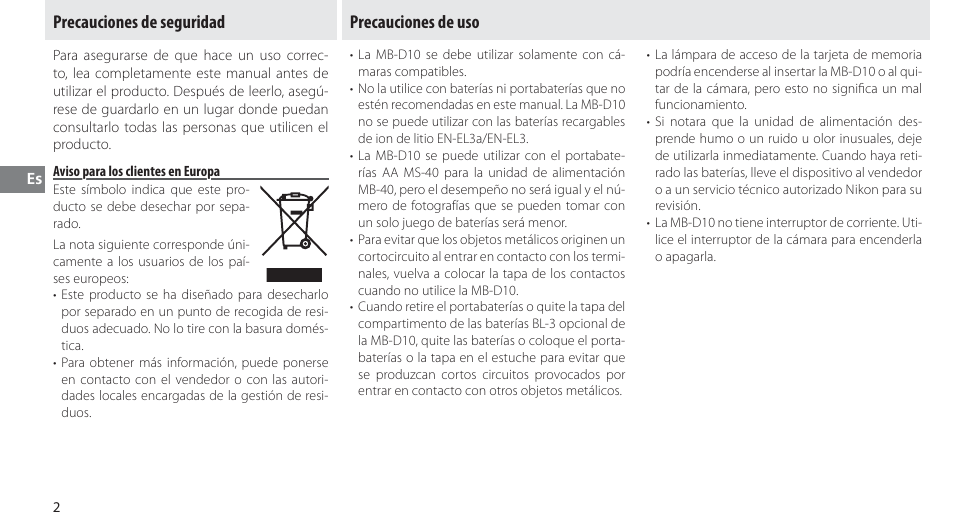 Precauciones de seguridad, Aviso para los clientes en europa, Precauciones de uso | Nikon MB-D10 User Manual | Page 47 / 150