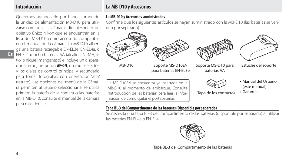 Introducción, La mb-d10 y accesorios, La mb-d10 y accesorios suministrados | Nikon MB-D10 User Manual | Page 49 / 150