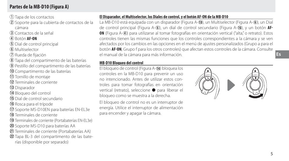 Partes de la mb-d10, Mb-d10 bloqueo del control, Partes de la mb-d10 (figura a) | Nikon MB-D10 User Manual | Page 50 / 150