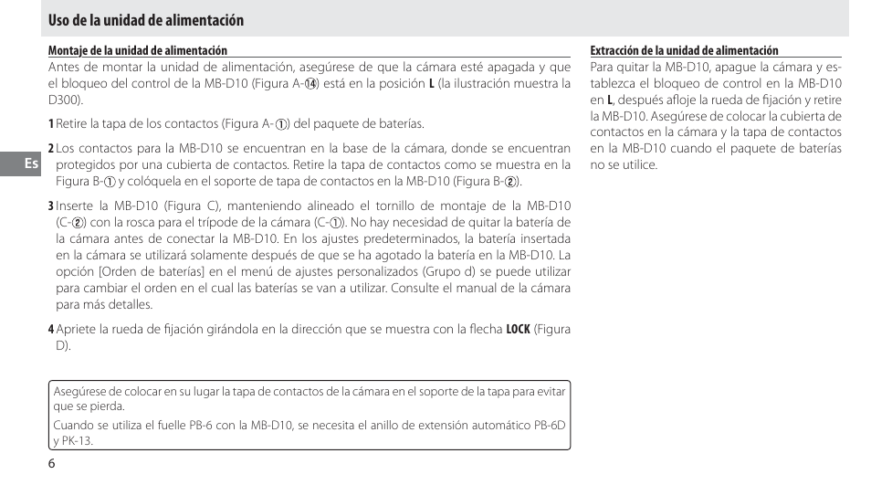 Uso de la unidad de alimentación, Montaje de la unidad de alimentación, Extracción de la unidad de alimentación | Nikon MB-D10 User Manual | Page 51 / 150