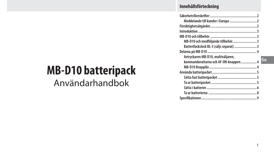 Innehållsförteckning, Mb-d10 batteripack, Användarhandbok | Nikon MB-D10 User Manual | Page 56 / 150