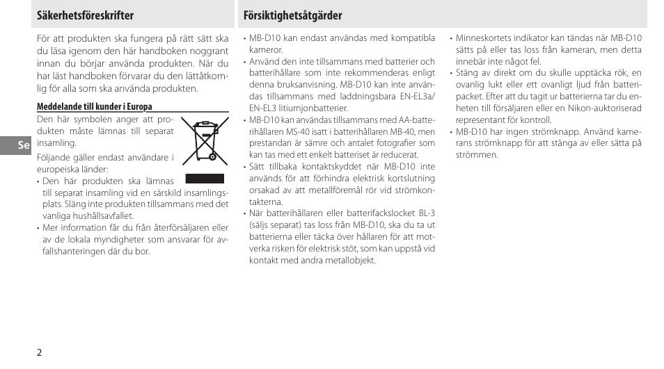 Säkerhetsföreskrifter, Meddelande till kunder i europa, Försiktighetsåtgärder | Nikon MB-D10 User Manual | Page 57 / 150