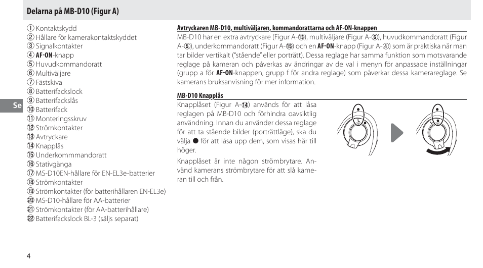 Delarna på mb-d10, Mb-d10 knapplås, Delarna på mb-d10 (figur a) | Nikon MB-D10 User Manual | Page 59 / 150