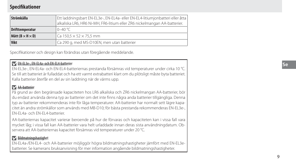 Specifikationer, Speciﬁ kationer | Nikon MB-D10 User Manual | Page 64 / 150