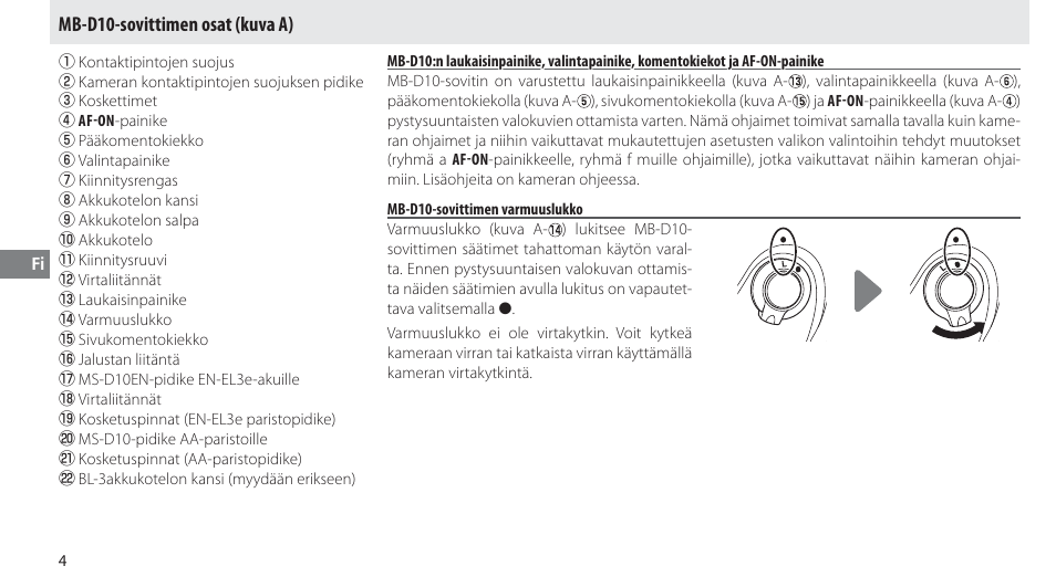 Mb-d10-sovittimen osat, Mb-d10-sovittimen varmuuslukko, Mb-d10-sovittimen osat (kuva a) | Nikon MB-D10 User Manual | Page 68 / 150
