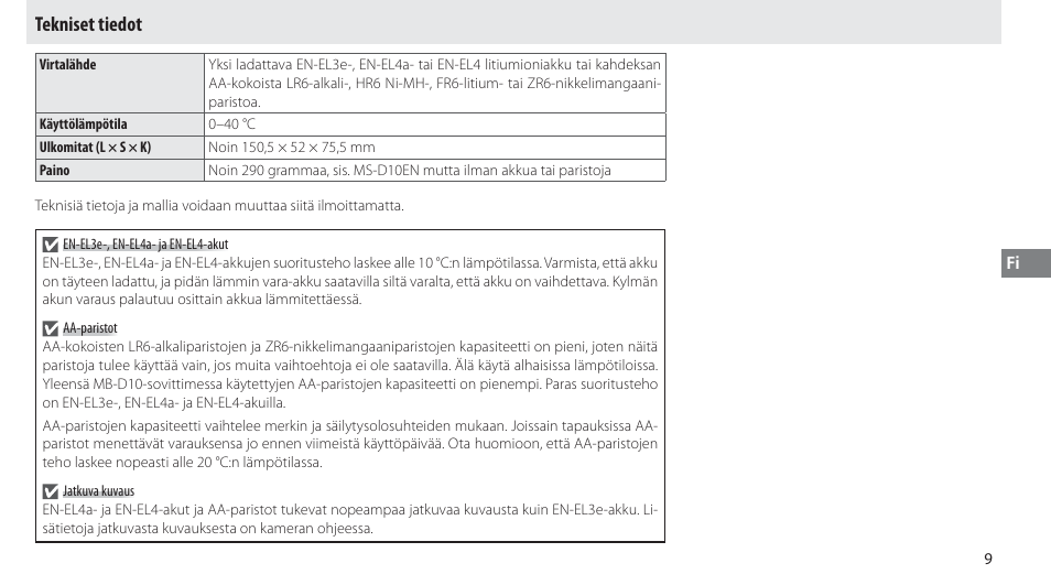 Tekniset tiedot | Nikon MB-D10 User Manual | Page 73 / 150