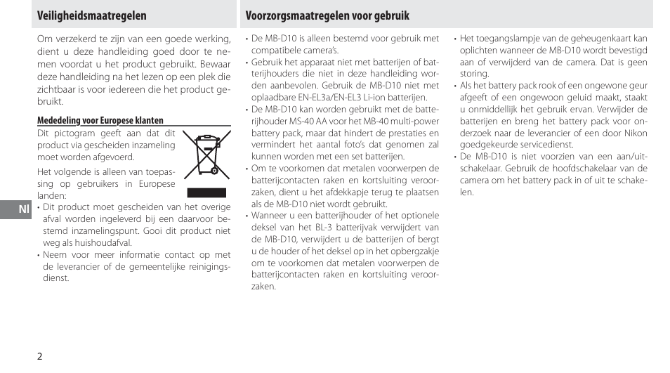 Veiligheidsmaatregelen, Mededeling voor europese klanten, Voorzorgsmaatregelen voor gebruik | Nikon MB-D10 User Manual | Page 84 / 150