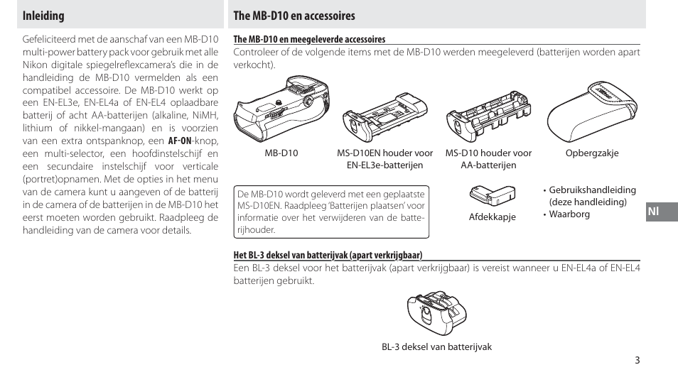 Inleiding, The mb-d10 en accessoires, The mb-d10 en meegeleverde accessoires | Nikon MB-D10 User Manual | Page 85 / 150