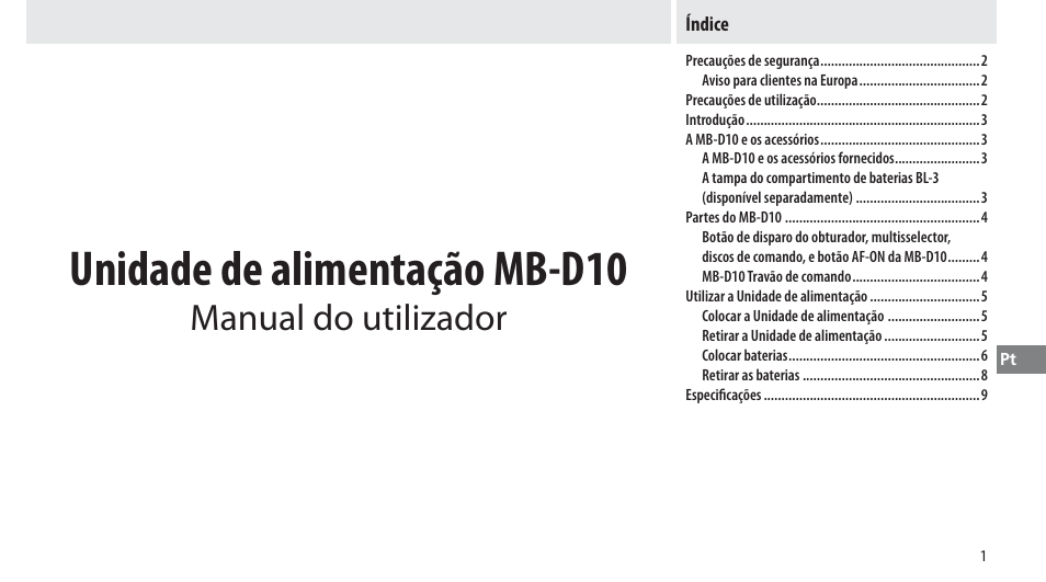 Índice, Unidade de alimentação mb-d10, Manual do utilizador | Nikon MB-D10 User Manual | Page 92 / 150