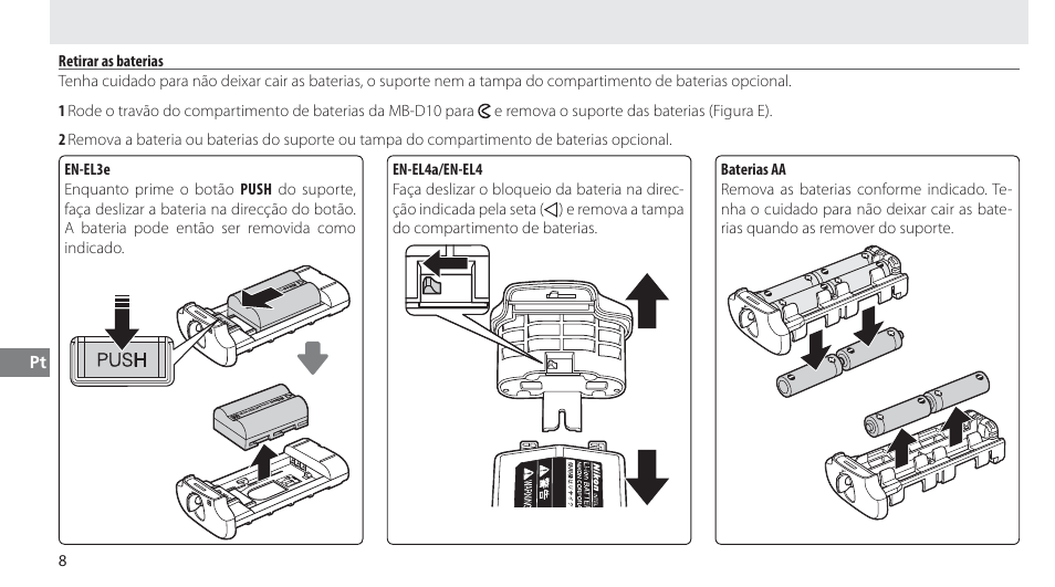 Retirar as baterias | Nikon MB-D10 User Manual | Page 99 / 150