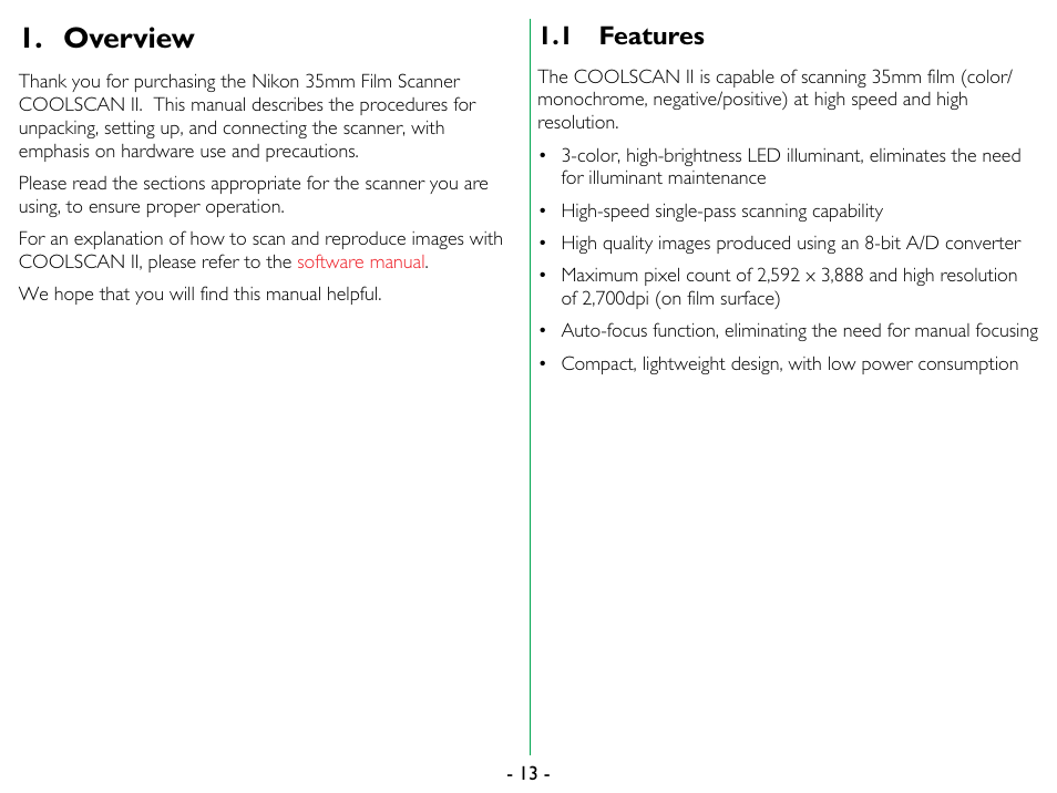 Overview, 1 features, Features | Nikon 35mm User Manual | Page 13 / 52