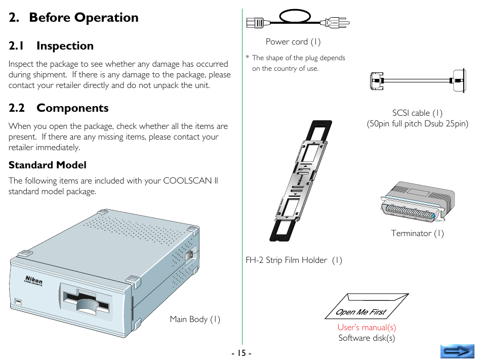 Before operation, 1 inspection, 2 components | Inspection, Components | Nikon 35mm User Manual | Page 15 / 52