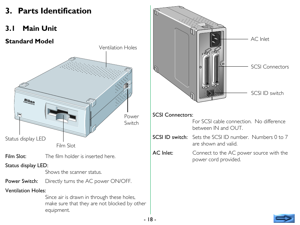 Parts identification, 1 main unit, Main unit | Nikon 35mm User Manual | Page 18 / 52