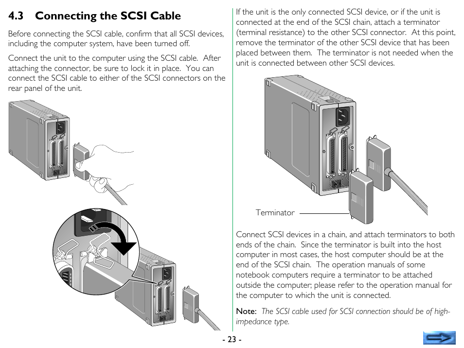 3 connecting the scsi cable, Connecting the scsi cable | Nikon 35mm User Manual | Page 23 / 52