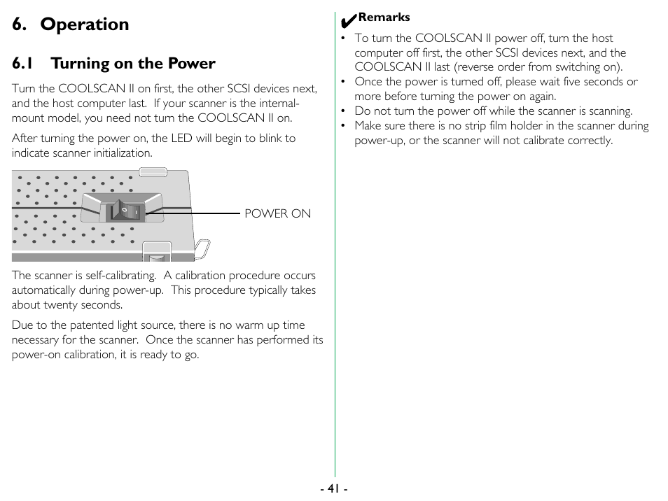 Operation, 1 turning on the power, Turning on the power | Nikon 35mm User Manual | Page 41 / 52